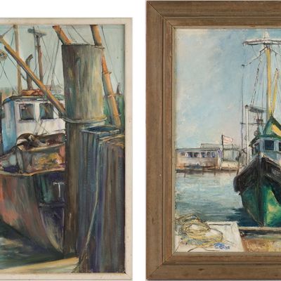 Ann Mitchell, Two Fishing Dock Scenes, Oil on Masonite