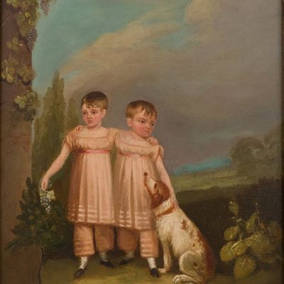 Double Portrait of Children with Dog, Oil on Board