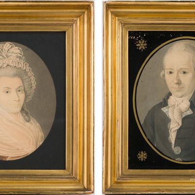 Pair of Portraits of Husband and Wife, Watercolor on Paper