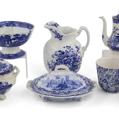 Seven Blue Transferware Table Articles
