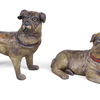 Two Painted Composition Pug Statues