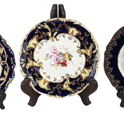 Three Sets of Floral, Cobalt, and Gilt Plates