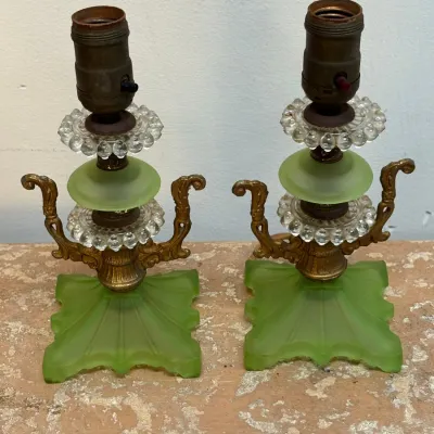 Sale Photo Thumbnail #158: Pair of vintage boudoir lamps featuring frosted green glass bases and accents, clear hobnail glass rings, and ornate brass-finished metal details.