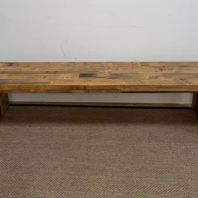 Sale Photo Thumbnail #20: Rustic modern coffee table or bench constructed from reclaimed wood planks with mitered waterfall edges.