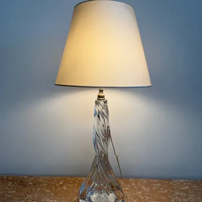 Sale Photo Thumbnail #37: Mid-century modern Murano-style twisted clear art glass table lamp, paired with a tapered cream fabric shade.