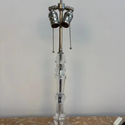 Sale Photo Thumbnail #108: Vintage crystal and chrome table lamp featuring a stacked geometric column base and dual pull-chain sockets.