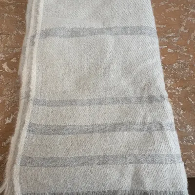 Sale Photo Thumbnail #168: Vintage wool throw blanket in cream and grey stripes with a fringed edge, showing a soft, textured weave.