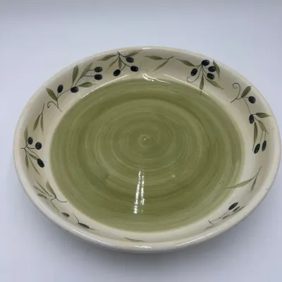 Sale Photo Thumbnail #82: Hand-painted ceramic olive dish featuring a green swirled center and olive branch motif along the rim.