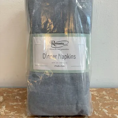 Sale Photo Thumbnail #148: Ramanta Home set of twelve grey fabric dinner napkins, new in original plastic packaging.