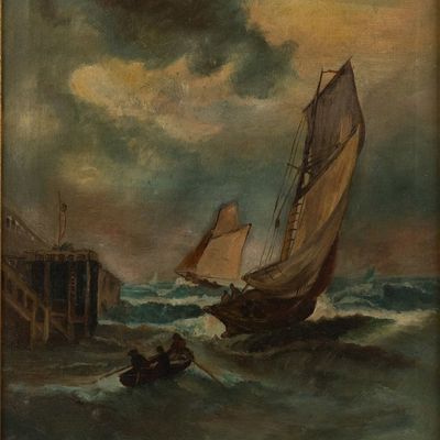 Sale Photo Thumbnail #124: Walter Blackman, 1847-1928, Ships in Stormy Sea, Oil on Canvas