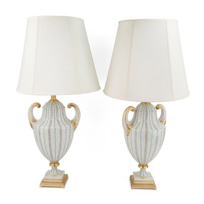Sale Photo Thumbnail #366: Pair of Floral-Decorated Porcelain Urn-Form Table Lamps
