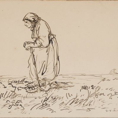 Sale Photo Thumbnail #190: Theophile Alexandre Steinlen, Swiss/French 1859-1923, An Old Woman in the Field, Brown and Black Ink