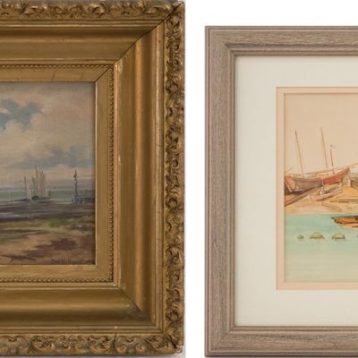 Sale Photo Thumbnail #129: Paul Hallwig, 1866-1925, Ships Along Shore, Oil on Canvas