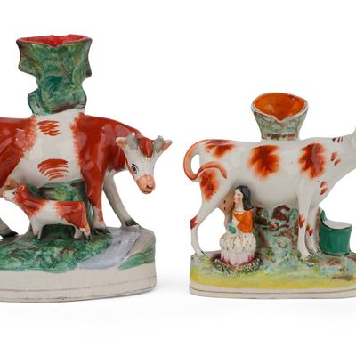 Sale Photo Thumbnail #93: Two Staffordshire Cow Spill Vases