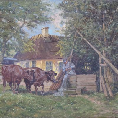 Sale Photo Thumbnail #112: Alfred V. Jensen, 1898-1960, Watering Cows, Oil on Canvas