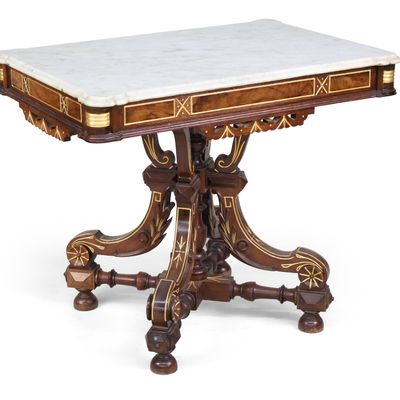 Sale Photo Thumbnail #256: Victorian Gilt Incised Walnut Marble Top Center Table