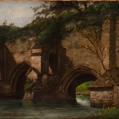Sale Photo Thumbnail #159: Richard Henry Nibbs, British 1816-1893, Landscape with Aqueduct, Oil on Canvas