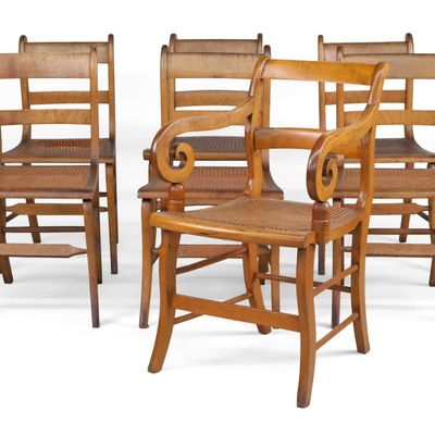 Sale Photo Thumbnail #267: Seven Federal Maple and Cane Seat Dining Chairs
