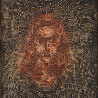 Sale Photo Thumbnail #172: George J Marinko, 1908-1989, Girl with Halo, Mixed Media on Board