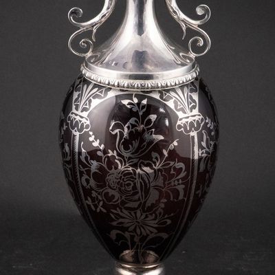 Sale Photo Thumbnail #17: Silver Overlay and Cranberry Glass Footed Vase