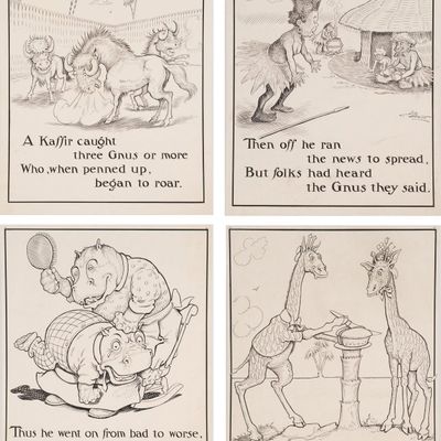 Sale Photo Thumbnail #211: Charles L Bartholomew, American 1860-1949, Four Illustrations, Ink on Cardstock