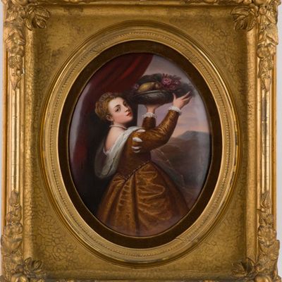 Sale Photo Thumbnail #346: Painted Porcelain Plaque of "Girl with a Platter of Fruit" After Titian