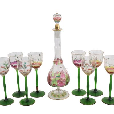 Sale Photo Thumbnail #354: Eight Theresienthal Enamel Decorated Wine Glasses and Decanter