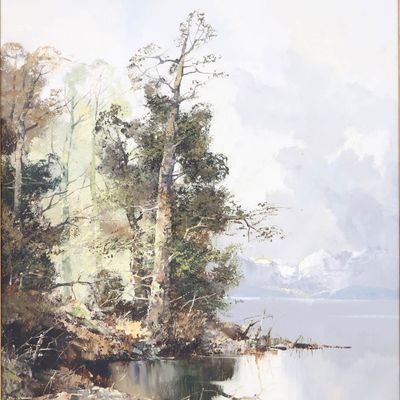 Sale Photo Thumbnail #162: Ingfried Henze, 1925-1972, Landscape with Lake and Forest, Oil on Canvas