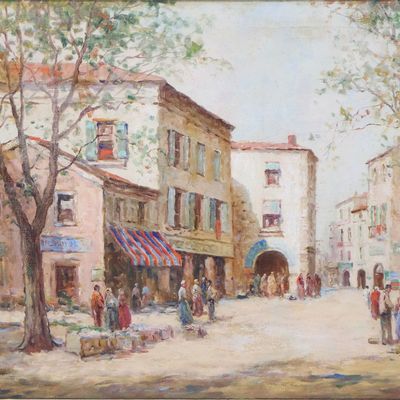 Sale Photo Thumbnail #152: Dennis Ainsley, 1880-1952, European Market Scene, Oil on Canvas
