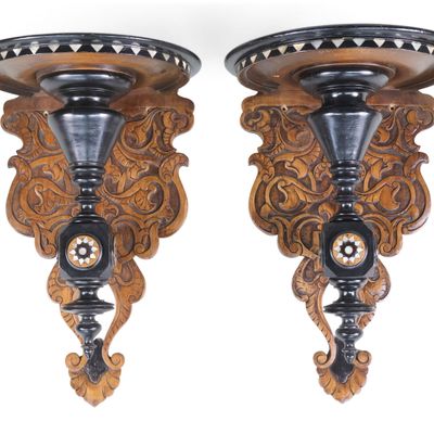 Sale Photo Thumbnail #369: Pair of Mother-of-Pearl Inlaid, Ebonzied, and Carved Wood Wall Brackets