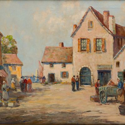 Sale Photo Thumbnail #174: Dennis Ainsley, 1880-1952, Village Scene, Oil on Canvas