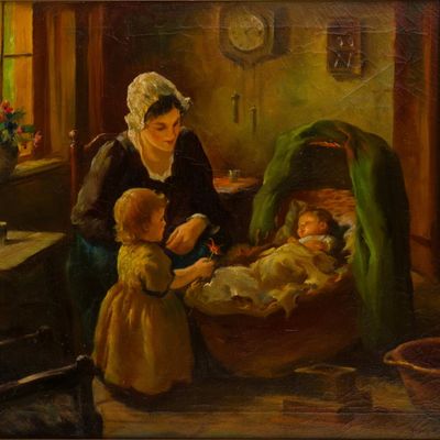 Sale Photo Thumbnail #176: Henry T. (1908) Harvey, 1908-, Mother and Children, Oil on Canvas