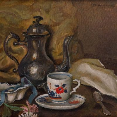 Sale Photo Thumbnail #210: Henri Manguin, French 1874-1949, Still Life with Teapot and Teacup, Oil on Board