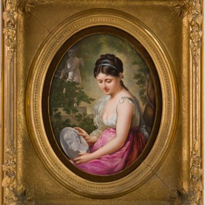 Sale Photo Thumbnail #345: Painted Porcelain Plaque of a Woman Holding a Plaque