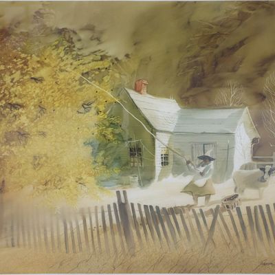 Sale Photo Thumbnail #161: Jason Williamson, 1926, Woman and Cow on Farm, Watercolor on Paper