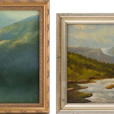 Sale Photo Thumbnail #128: Riverscape with Mountain, Oil on Board