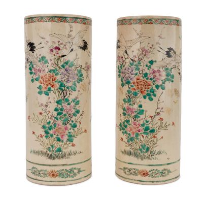 Sale Photo Thumbnail #397: Pair of Japanese Taisho Kinkozan Satsuma Cylindrical Vases