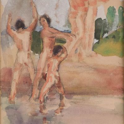 Sale Photo Thumbnail #195: Arthur Bowen Davies, American 1862-1928, Rhythmic Nudes in Landscape, Watercolor on Paper