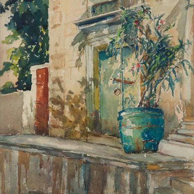 Sale Photo Thumbnail #221: Susan Brown Chase, 1868-1948, Still Life of Potted Plant and Building Facade, Watercolor on Paper