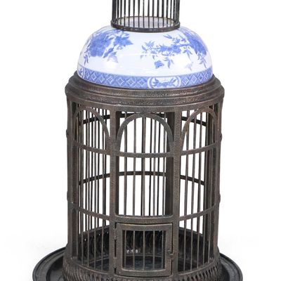Sale Photo Thumbnail #58: Patinated Metal and Ceramic Birdcage