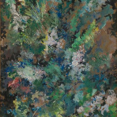 Sale Photo Thumbnail #180: James D. Brooks, American 1906-1992, Abstract Landscape, Oil on Board