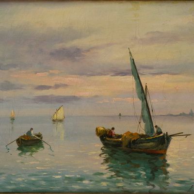 Sale Photo Thumbnail #181: J. Ignides, Fishing Boats on Water, Oil on Canvas