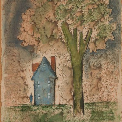 Sale Photo Thumbnail #169: George J Marinko, 1908-1989, House with Tree, Mixed Media