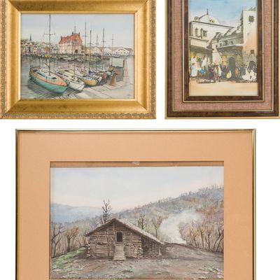 Sale Photo Thumbnail #184: Simon Ayvazian, European Harbor Scene, Ink and Watercolor on Paper