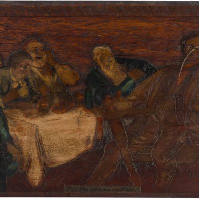 Sale Photo Thumbnail #368: Carved and Painted Wood Panel, "The Huntsman's Story"