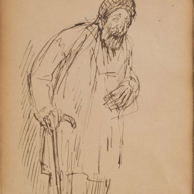 Sale Photo Thumbnail #191: Theophile Alexandre Steinlen, Swiss/French 1859-1923, An Old Man/Begger, Brown and Black Ink on