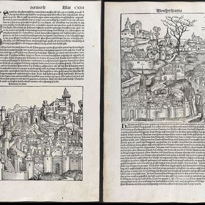Schedel, pub. 1493 - 4 Pages of Towns and Relgious & Historic Figures
