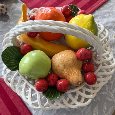Sale Photo Thumbnail #28: vintage Italian Capodimonte/Bassano hand-painted ceramic and porcelain fruit basket centerpiece