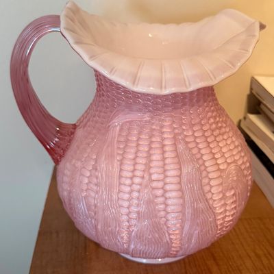 Sale Photo Thumbnail #9: Fenton Art Glass Rose Pink Cased Overlay Glass Maize (Corn) Pitcher