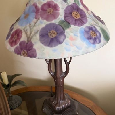 Sale Photo Thumbnail #6: vintage reverse-painted floral table lamp in the style of Dale Tiffany